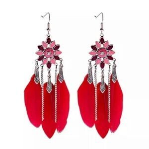 RED flower feather earrings
